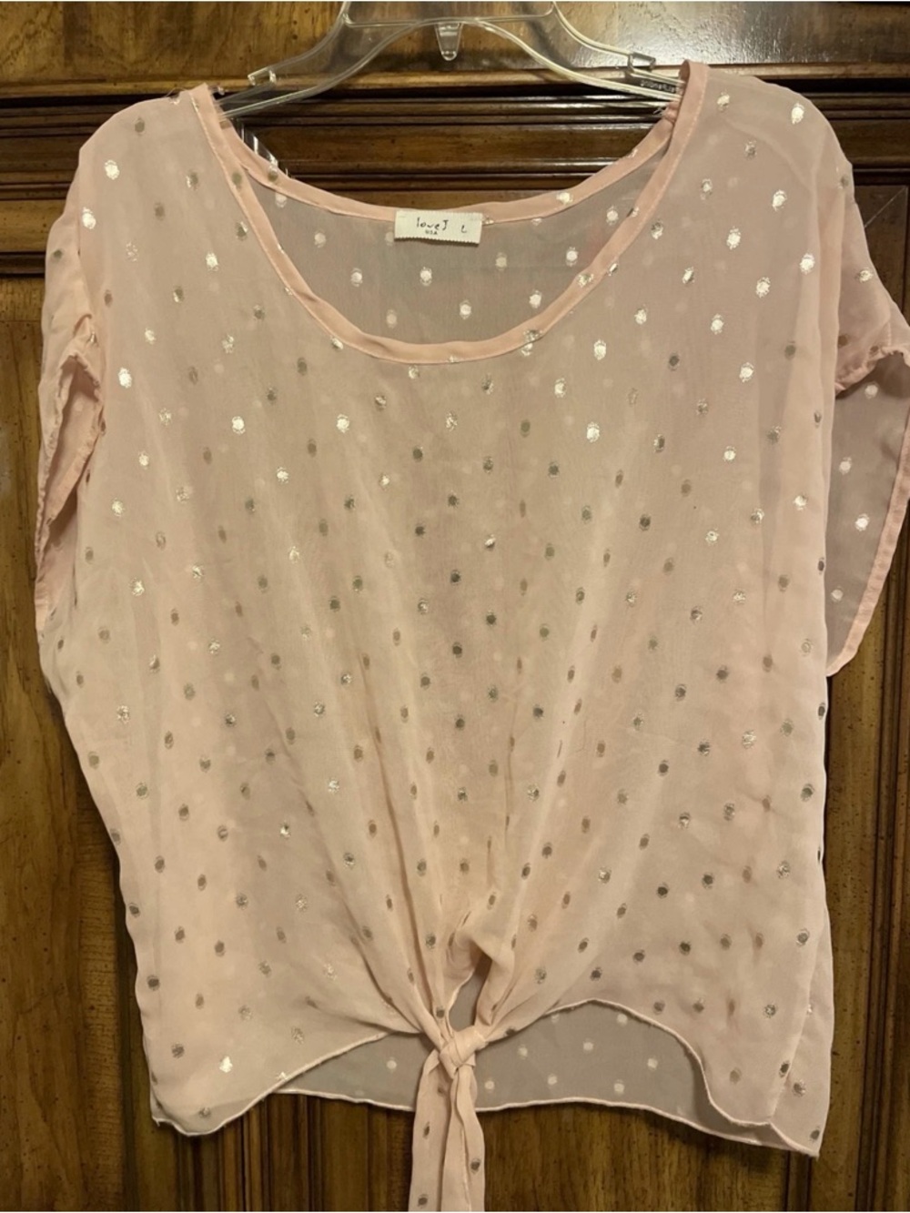love J Sheer Light Pink Metallic Dot Tie-Front Blouse